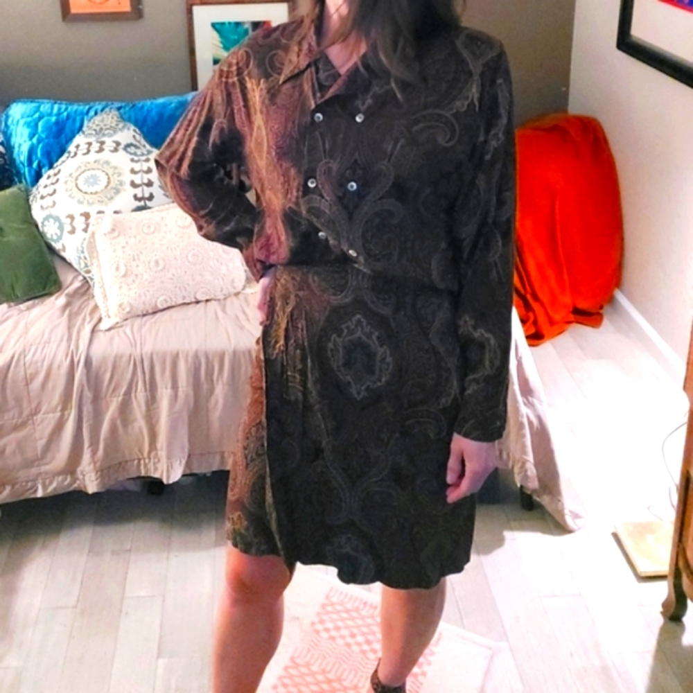 Vintage 90's 2-Piece Paisley Blouse & Wrap Midi Skirt Set Size Small Brown RETRO